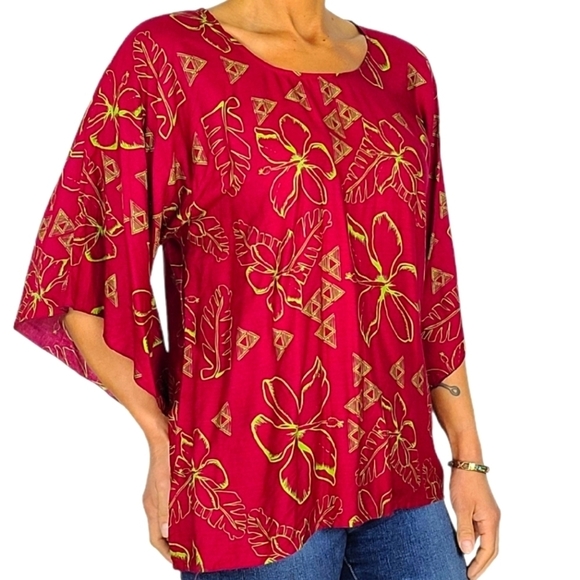 Hula Bay Rayon Blouse Size Small 6 Red Purple Floral Quarter Sleeve Scoop Neck - Picture 4 of 6